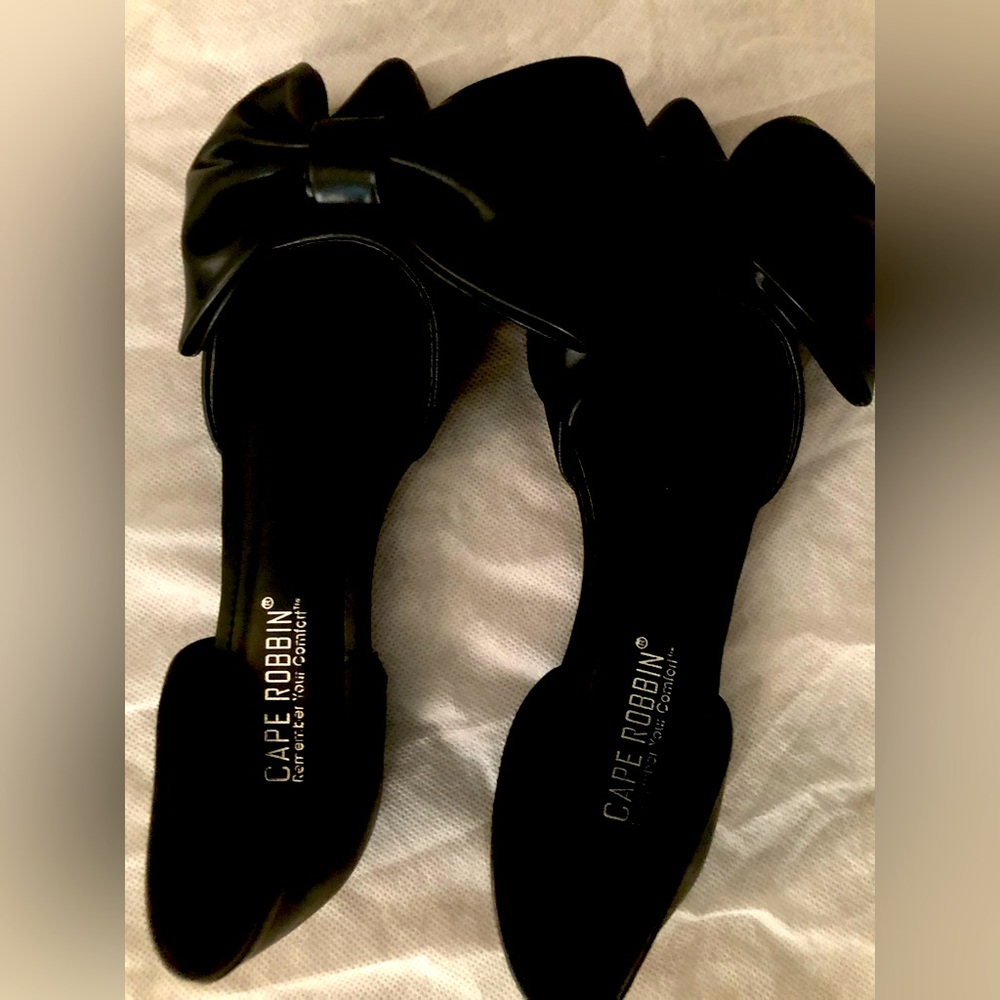 Cape Robbin remember your comfort all black big bow dress up or down flats.